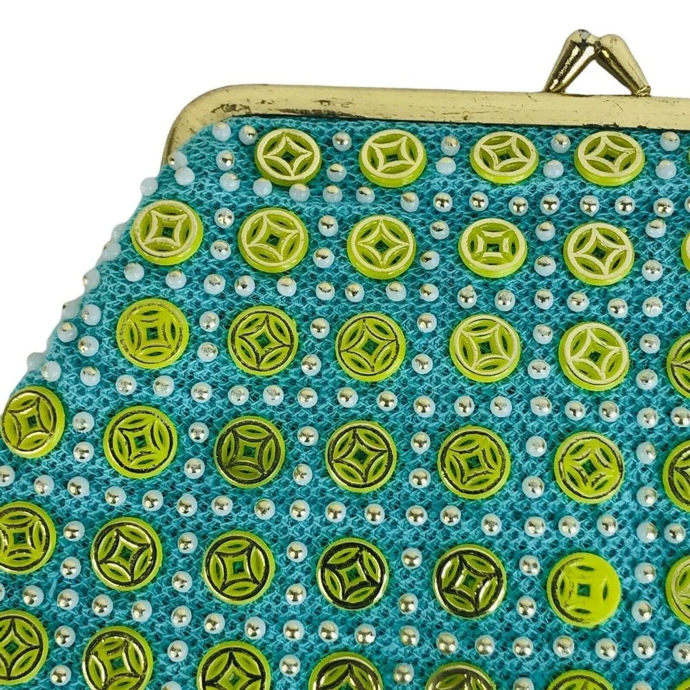 VTG Womens Clutch Purse Beaded Made Hong Kong Kiss Lock Closure Blue Green Small